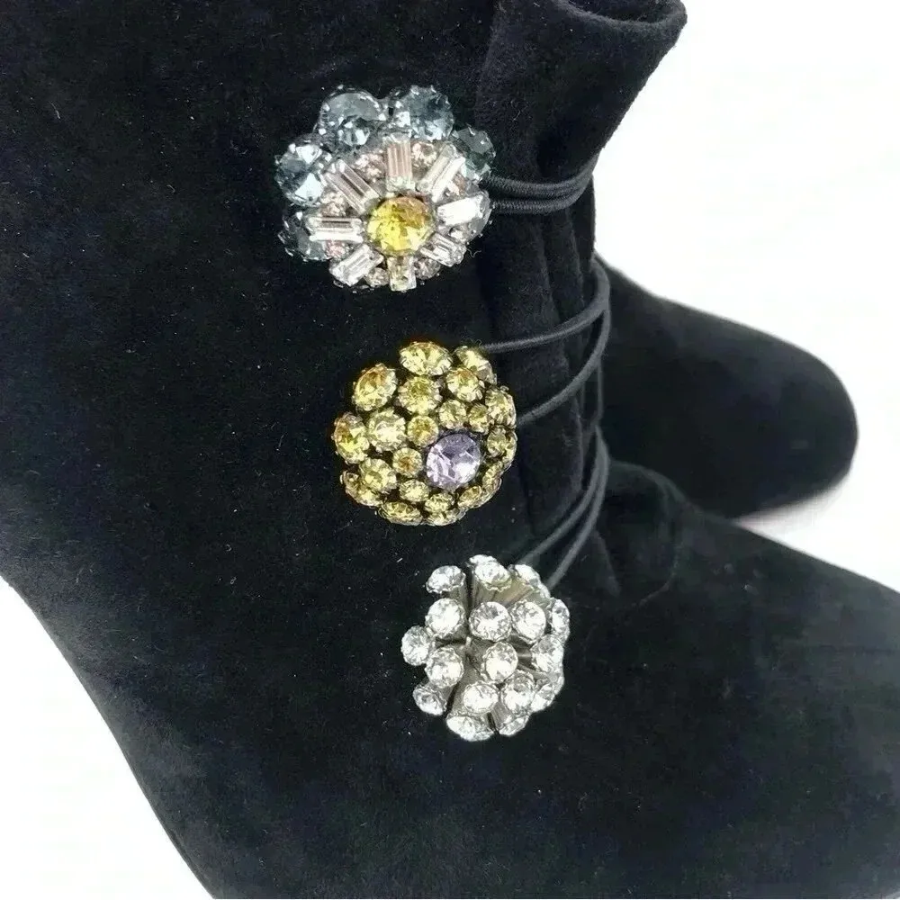 Christian Louboutin Bootini MJ 100mm Black Suede Crystal Button Booties 37 Rare - Image 7