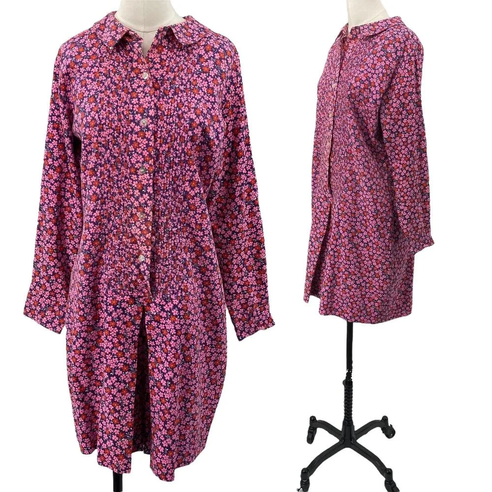 Vintage 70s Ditsy Floral Romper Shirtdress Button Down Long Sleeve Pink Purple Size 16 - Image 3