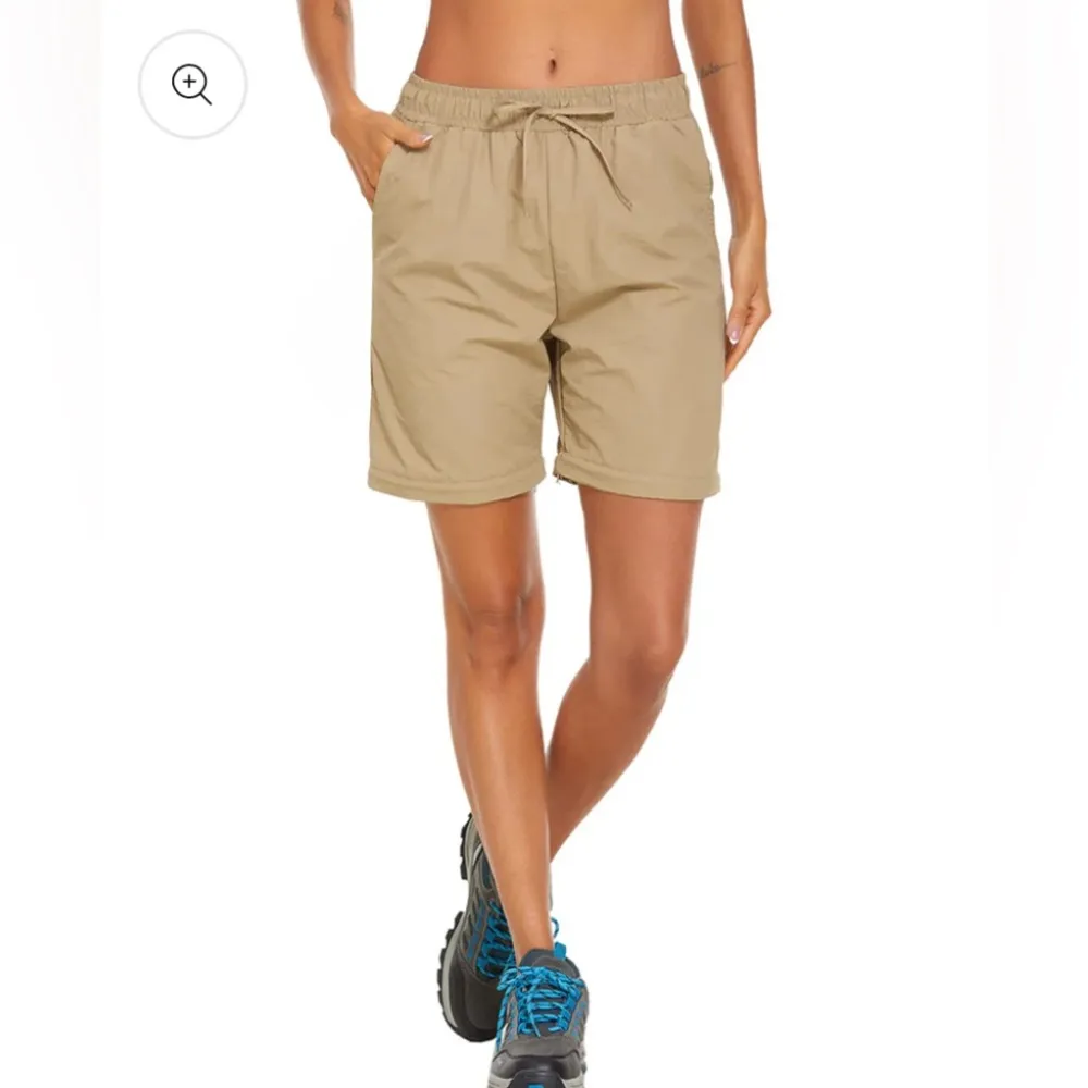 WOMENS Long CONVERTIBLE In Short HIKING PANTS Beige Large Pocket Elastic Tie Tan - Image 5