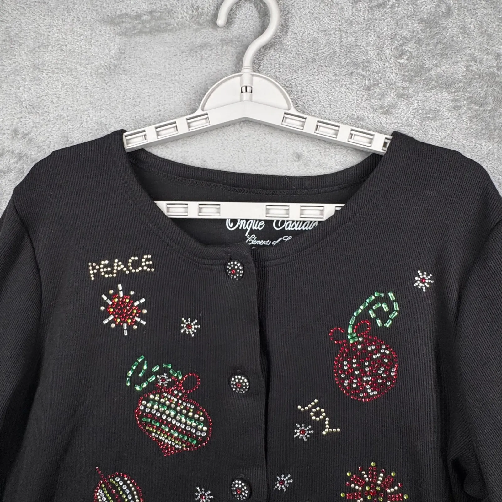 Onque Casuals Cardigan XL Christmas Cardigan Black Rhinestone Joy Peace Love VTG - Image 4