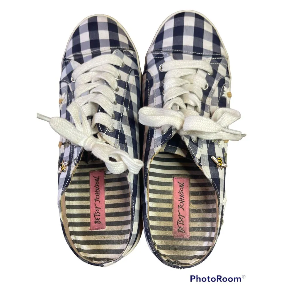 Betsey Johnson Gingham Blue White Slip On Mules Embroider Honey Bee Size 8.5 - Image 5