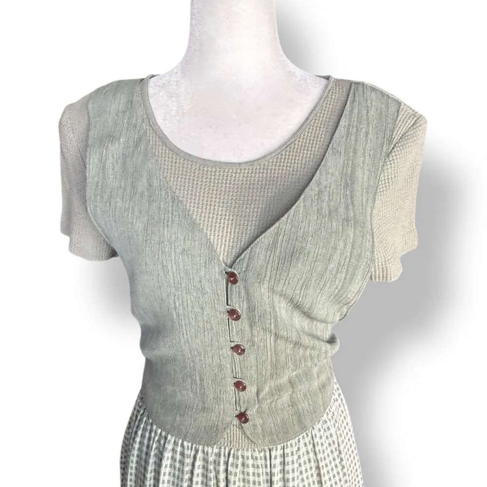 Vintage 90s Pastel Sage Green Gingham Maxi Dress Waffle Knit Bodice Button Front Size M - Image 9