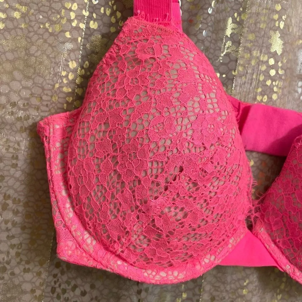 Victorias Secret Hot Pink Lace Very Sexy Push Up Thick Strap Bra, 34D - Image 4
