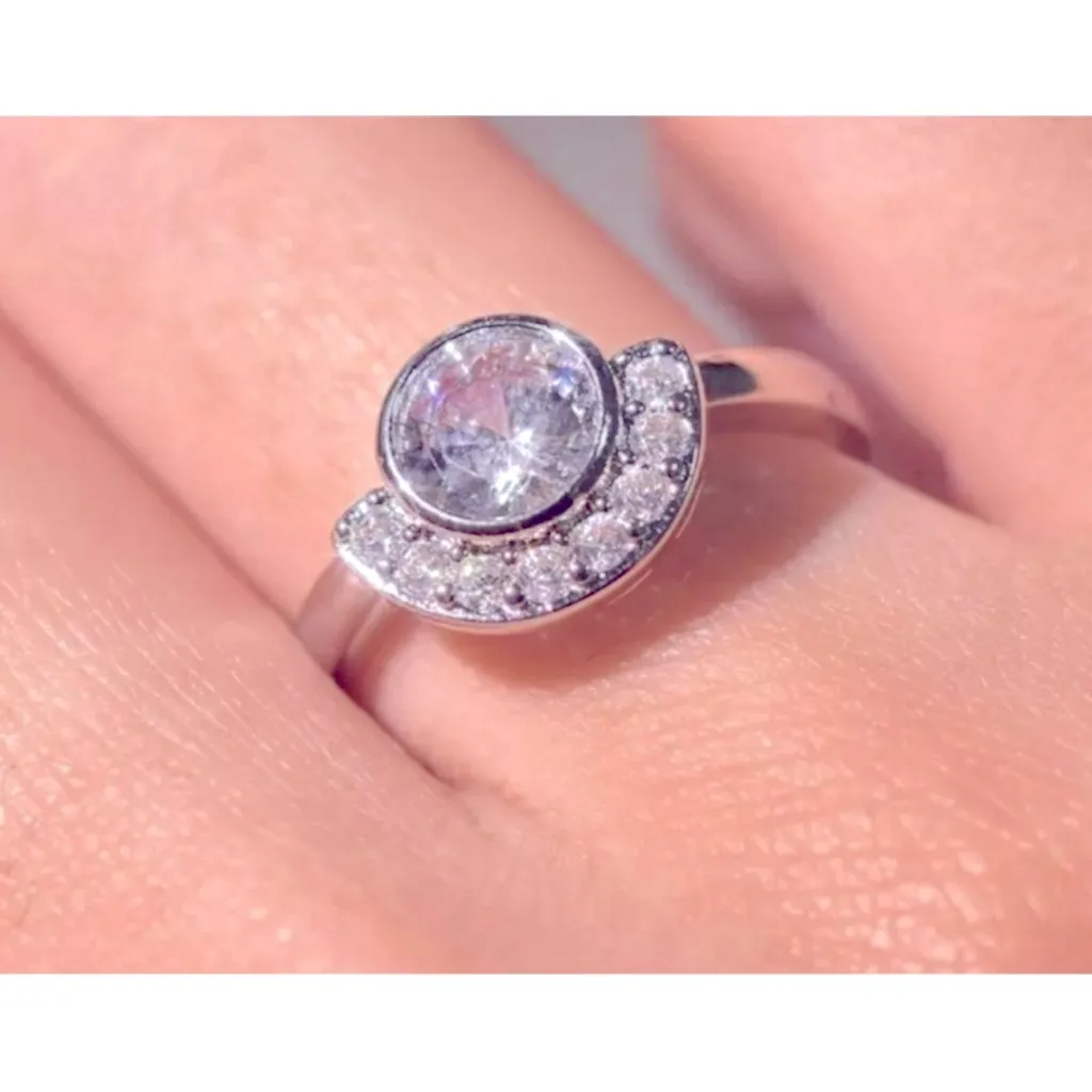 2 Carat Rhodium 925 Silver Half‎ Moon Simulated Diamond Ring, Size 7 - Image 6