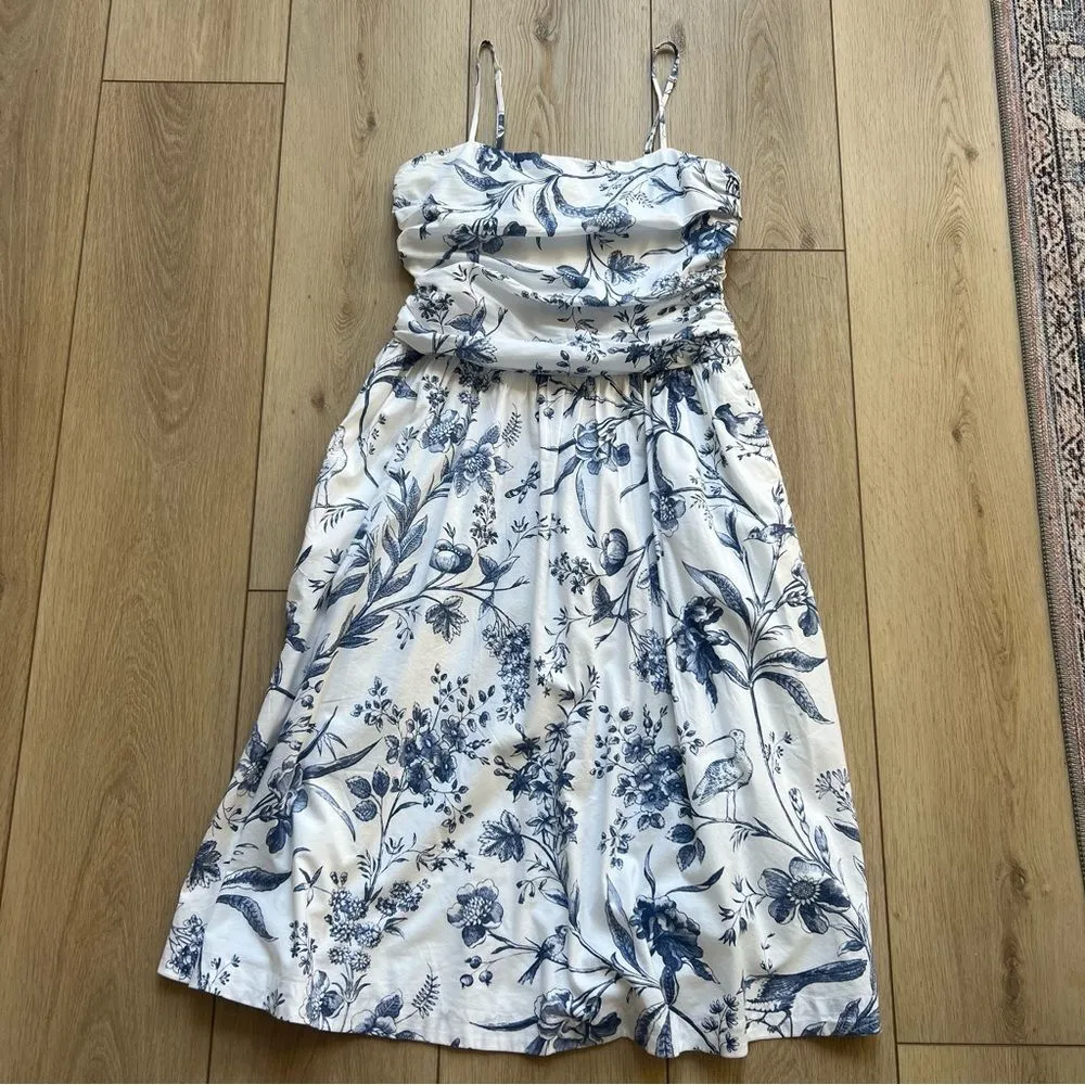 Loft Bird Toile Strappy Midi Pocket Dress NEW Size 8P Blue White Floral Cotton - Image 10