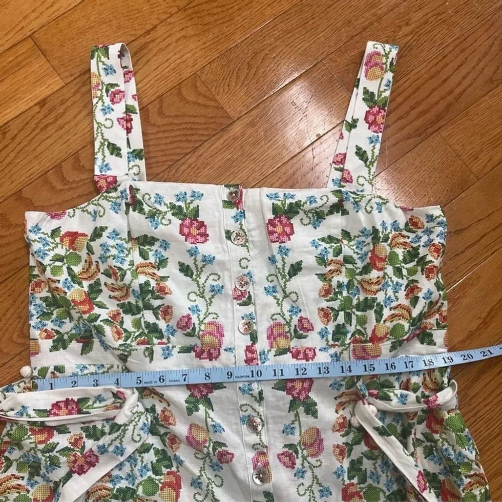 Farm Rio Crosstitch Floral Belted Romper linen blend off-white jumpsuit Sz XL - Image 14