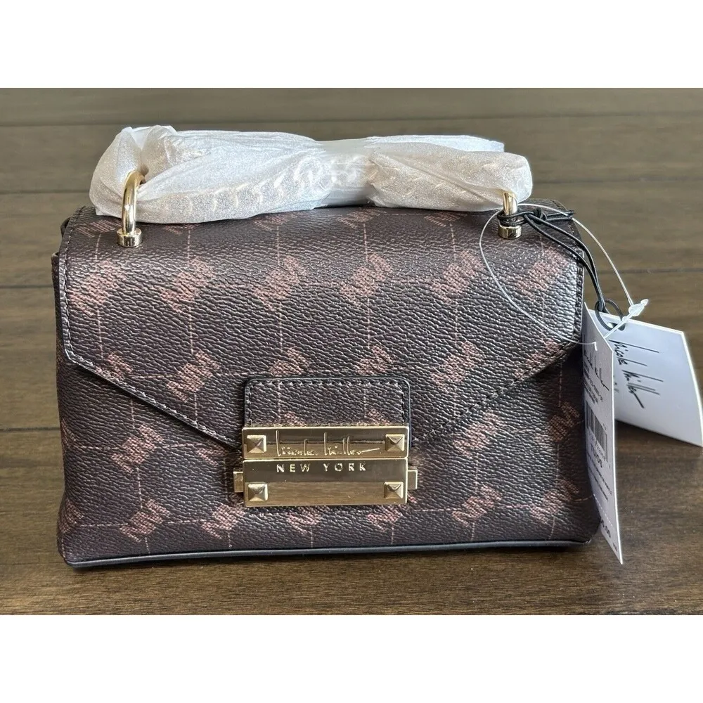 NEW Nicole Miller New York Small Crossbody Chain Purse Brown Mix Logo Pattern - Image 2