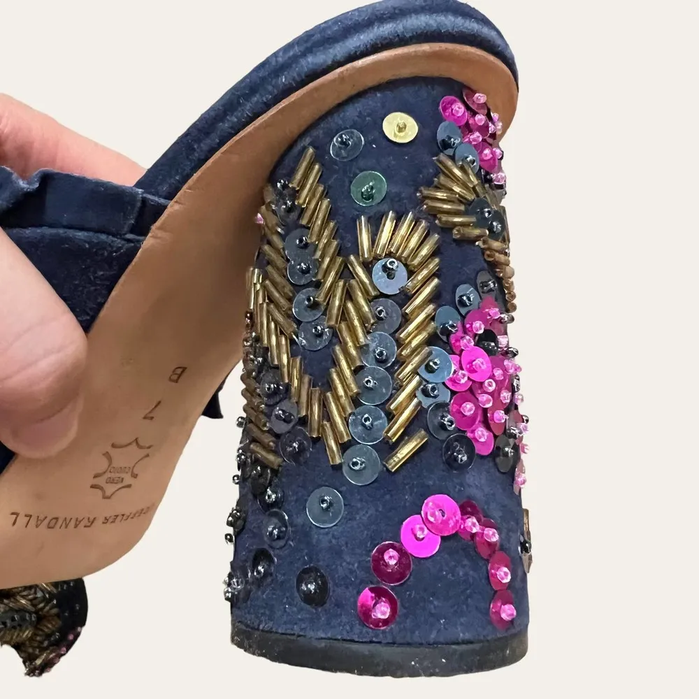 Loeffler Randall Navy Blue Ruffled Sequin Beaded Embellished Block Heel Mule 7 - Image 7