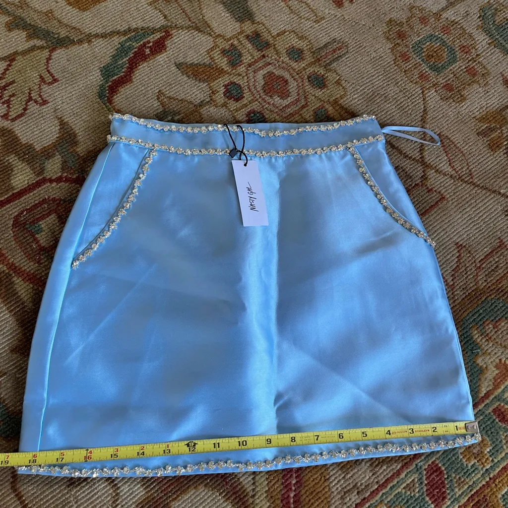 NWT: Nasty Gal Embellished Satin Twill Light Blue Mini Skirt - Image 3