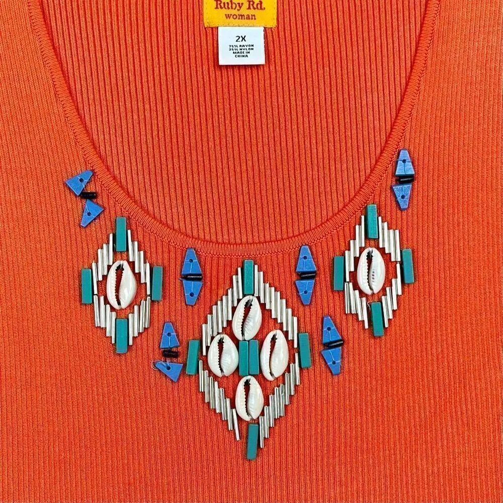 Ruby Rd. Women Orange Ribbed Beaded Tank Top 2X Size XXL - Image 7