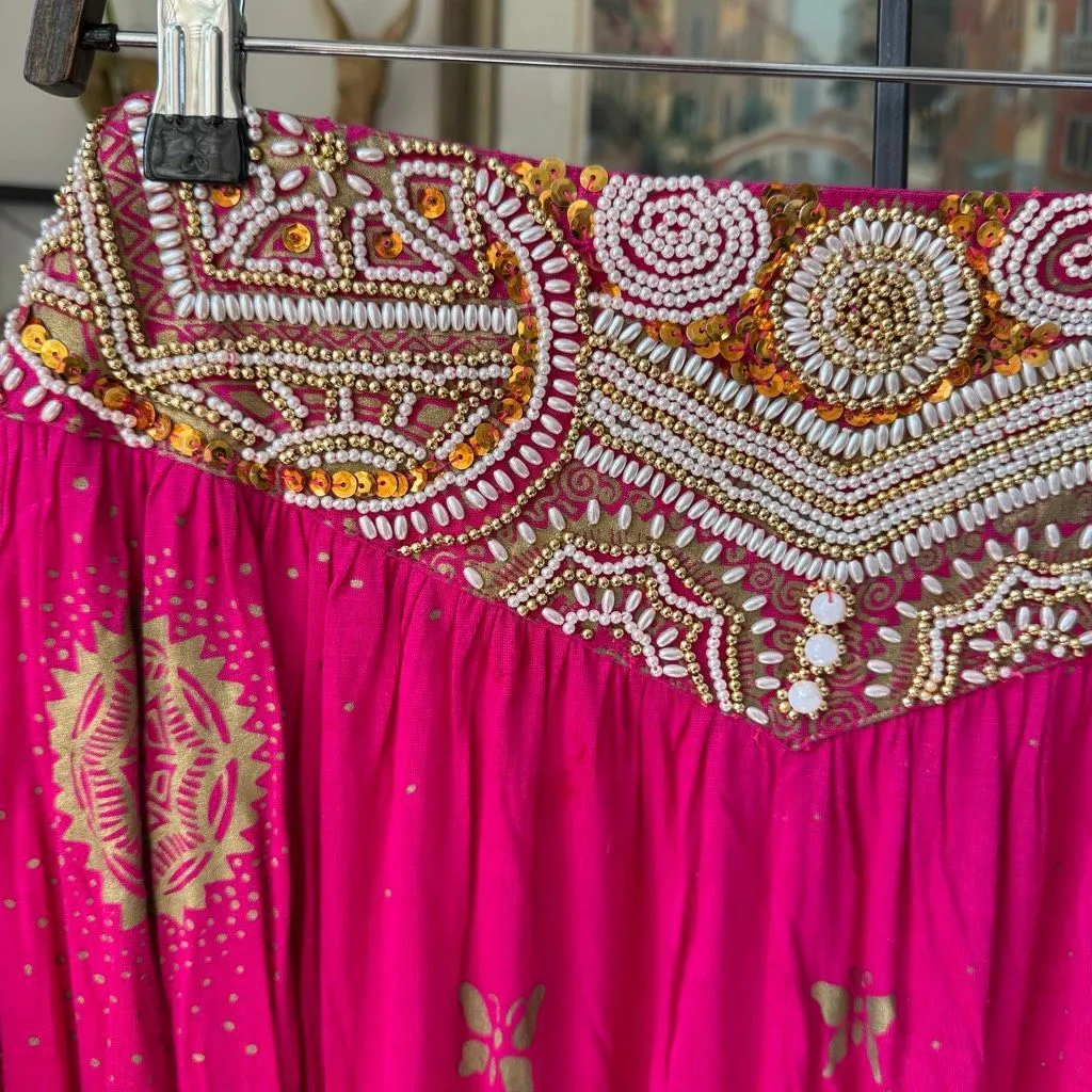 2pc Shorts Top Banarasi Style Fuchsia Gold Foil Boho Beaded Set OSFM L XL Pink Size undefined - Image 4