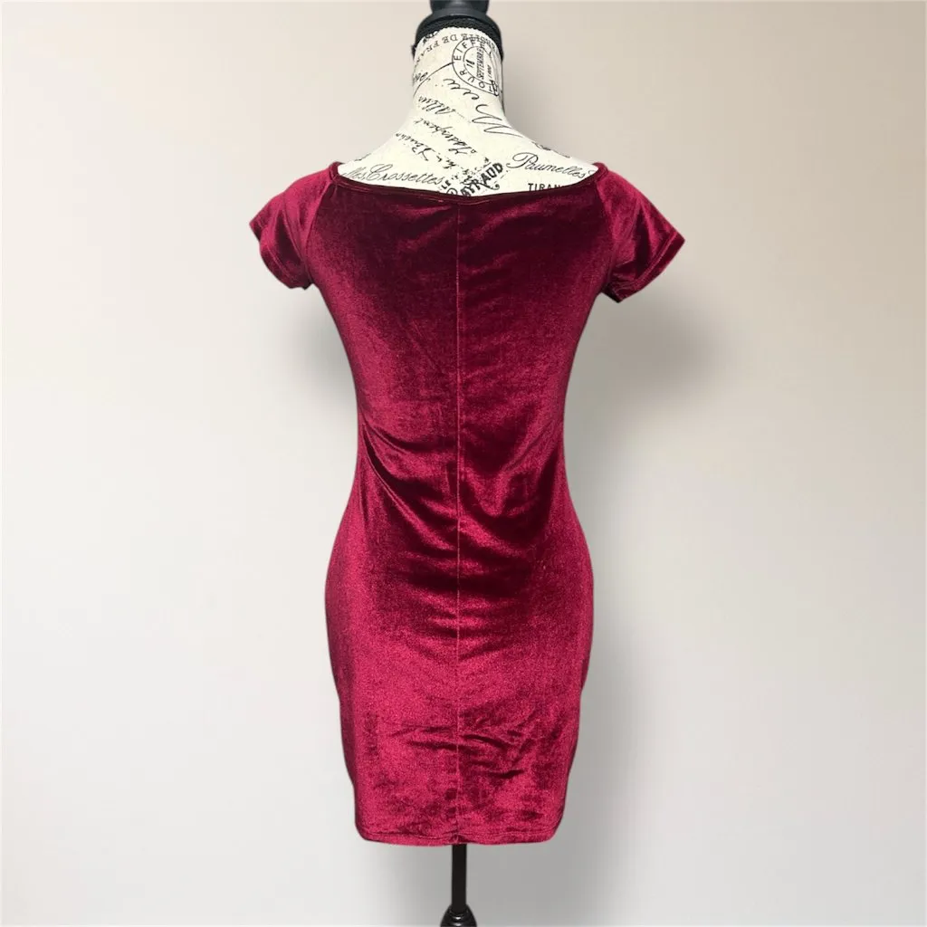 Shein S‎ Red Velvet V Neck Bodycon Mini Dress Short Sleeve Party Whimsigoth - Image 5