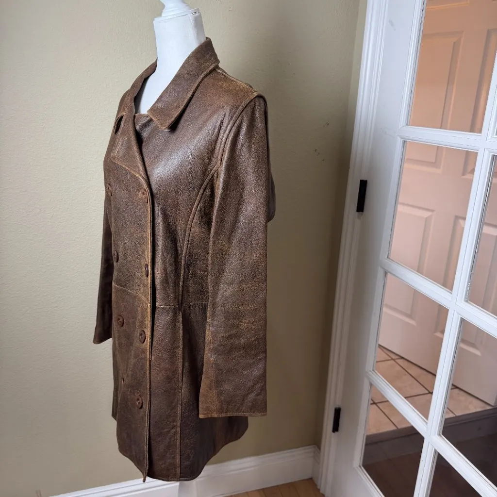 Vintage SUNDANCE Leather Trench Coat Jacket Lined Double Breasted Size Medium - Image 9