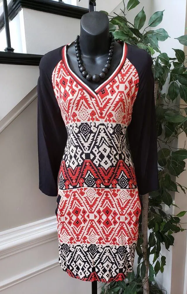 Scotch and Soda Knee Length Dress Womens Multi Geo Print Viscose Split V Neck Orange - Image 10