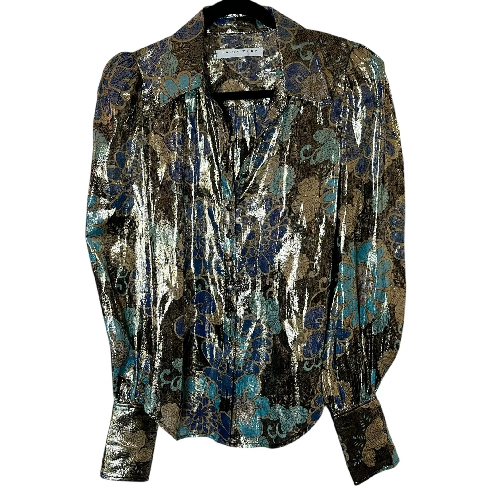 Trina Turk Women's Metallic Button Up Blouse in Nihan Blue Multi - Image 3