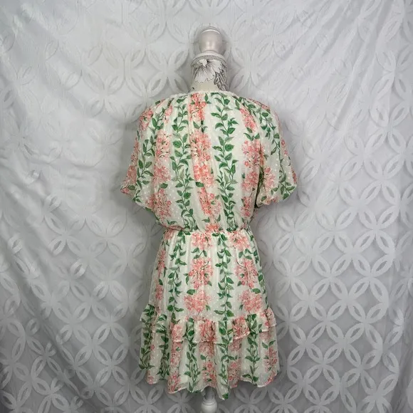 VICI Floral Print Ruffle Mini Dress Womens Medium White Pink Green Short Sleeve - Image 7