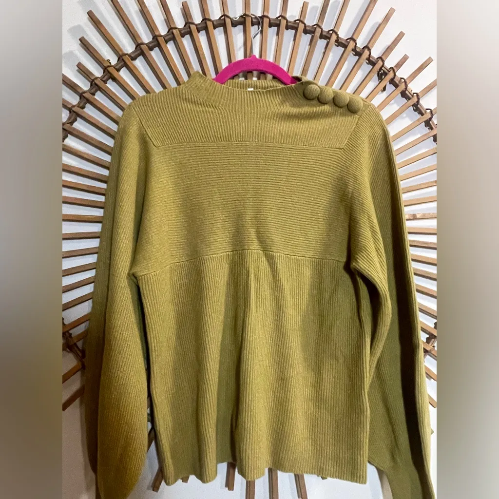 Rebecca Taylor Rib Mock Neck  Knit Sweater in Olive Balloon Slv Wool/ Cashmere M - Image 11