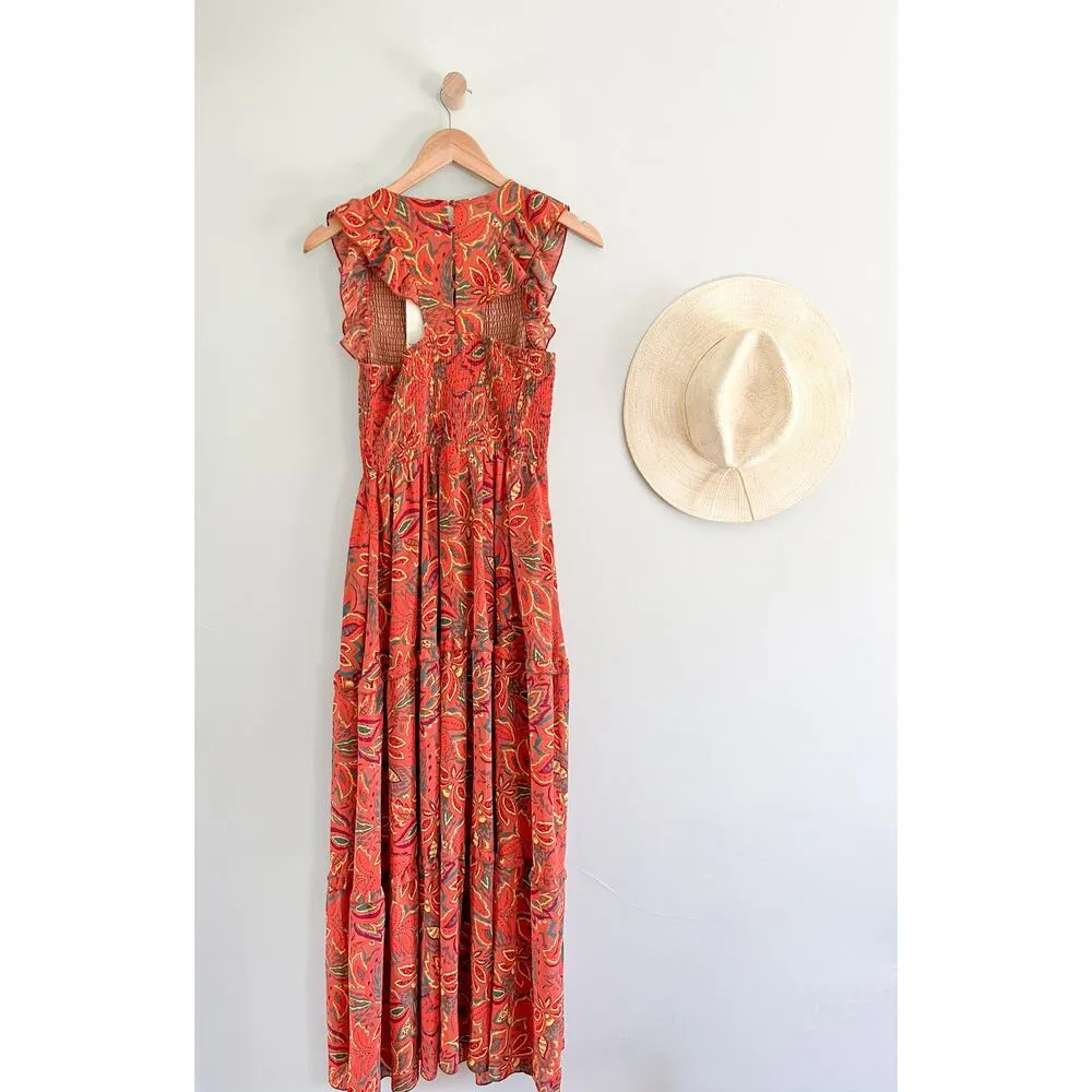MELLODAY | Smocked Floral Sleeveless Maxi Dress | Orange Mustard Palm | Sz XS - Image 6