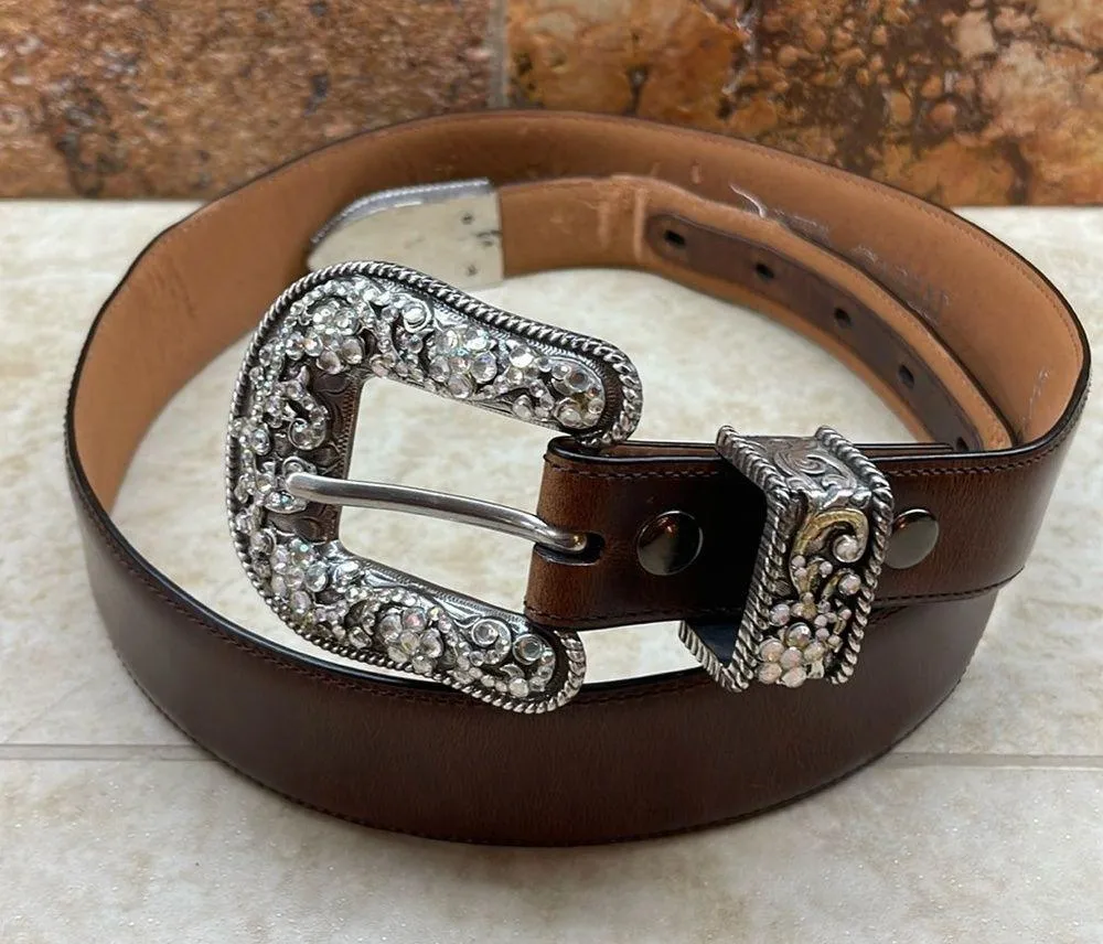 Belt Full Grain Leather Rhinestone Buckle Western 711123 Brown Size 30 - Image 2
