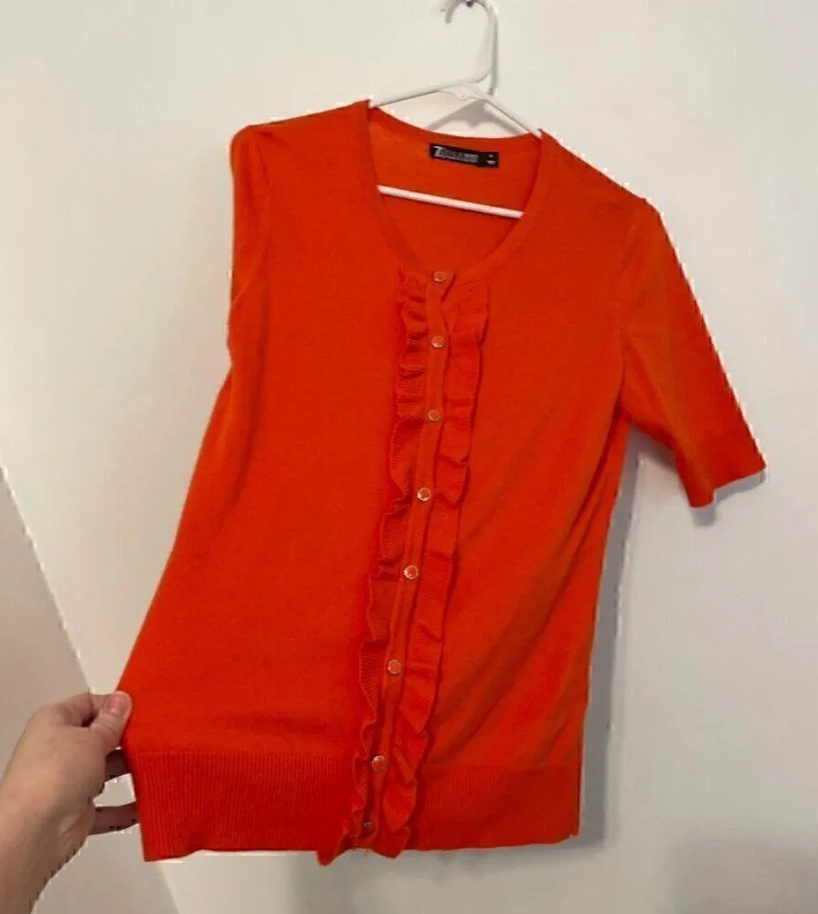 NEW YORK & COMPANY NY&CO Solid Orange Ruffle Short Elbow Sleeve Cardigan Sweater Size M - Image 7
