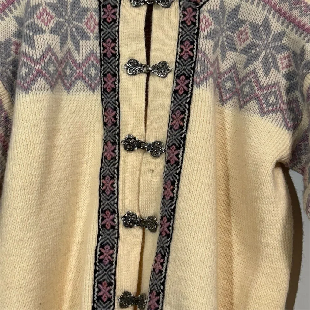 Fjord Knitwear Norway Cardigan Small Nordic Wool Sweater Pewter Clasps Fair Isle Pink - Image 3