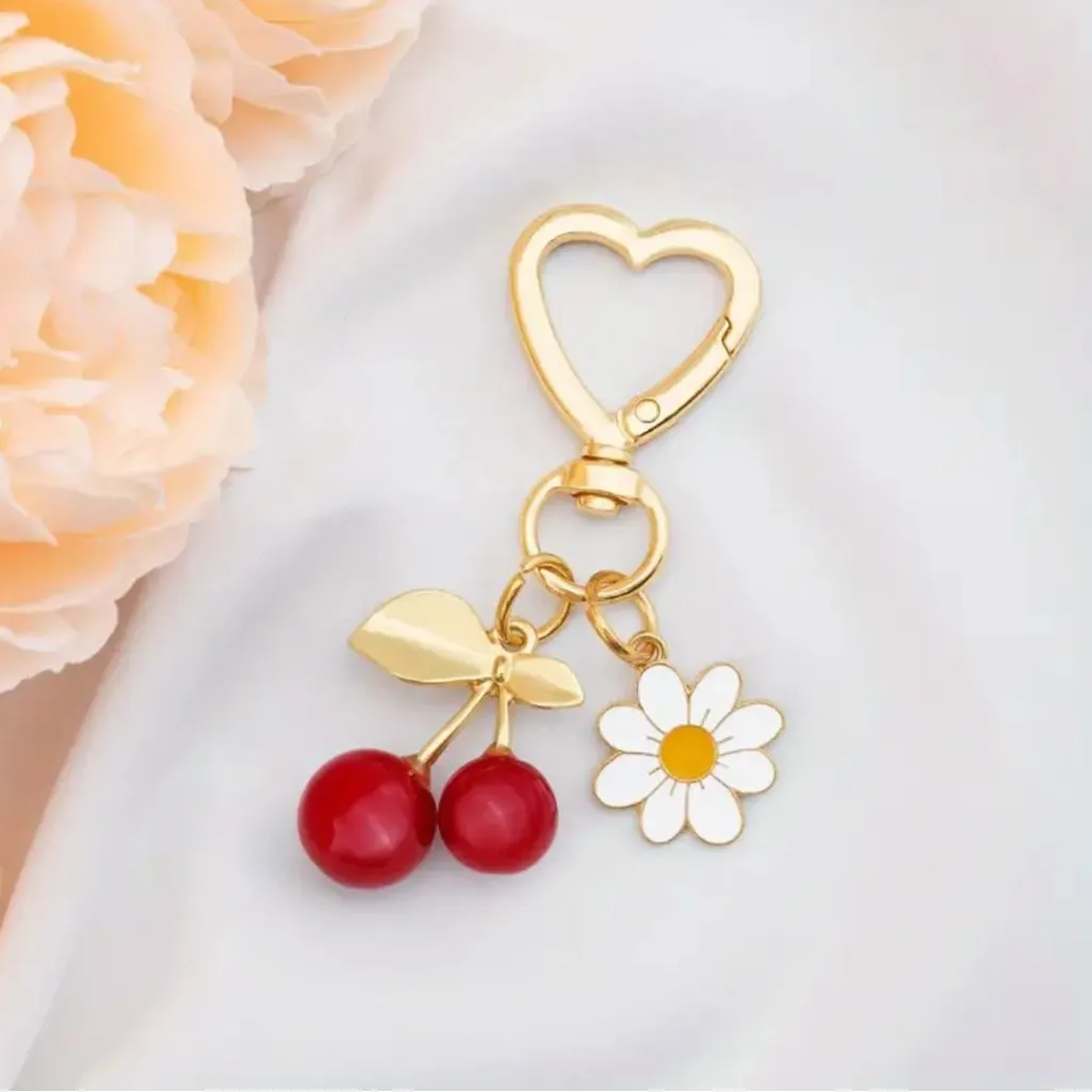 Cherry and Daisy Purse Charm Keychain Gold - Image 2