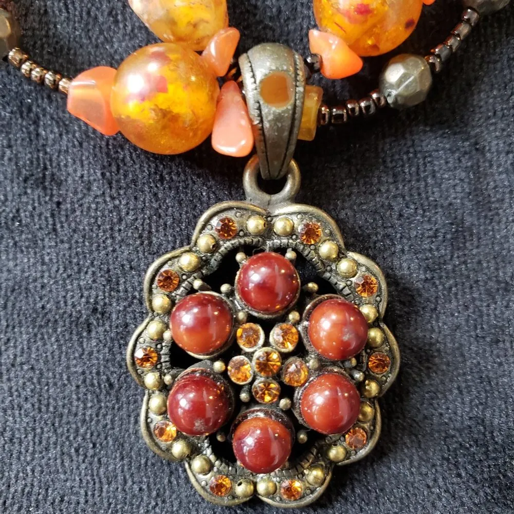 Women 2 Strand Gold Tone Seed Beads Carnelian Stones Pendant Necklace w/ Lobster - Image 2