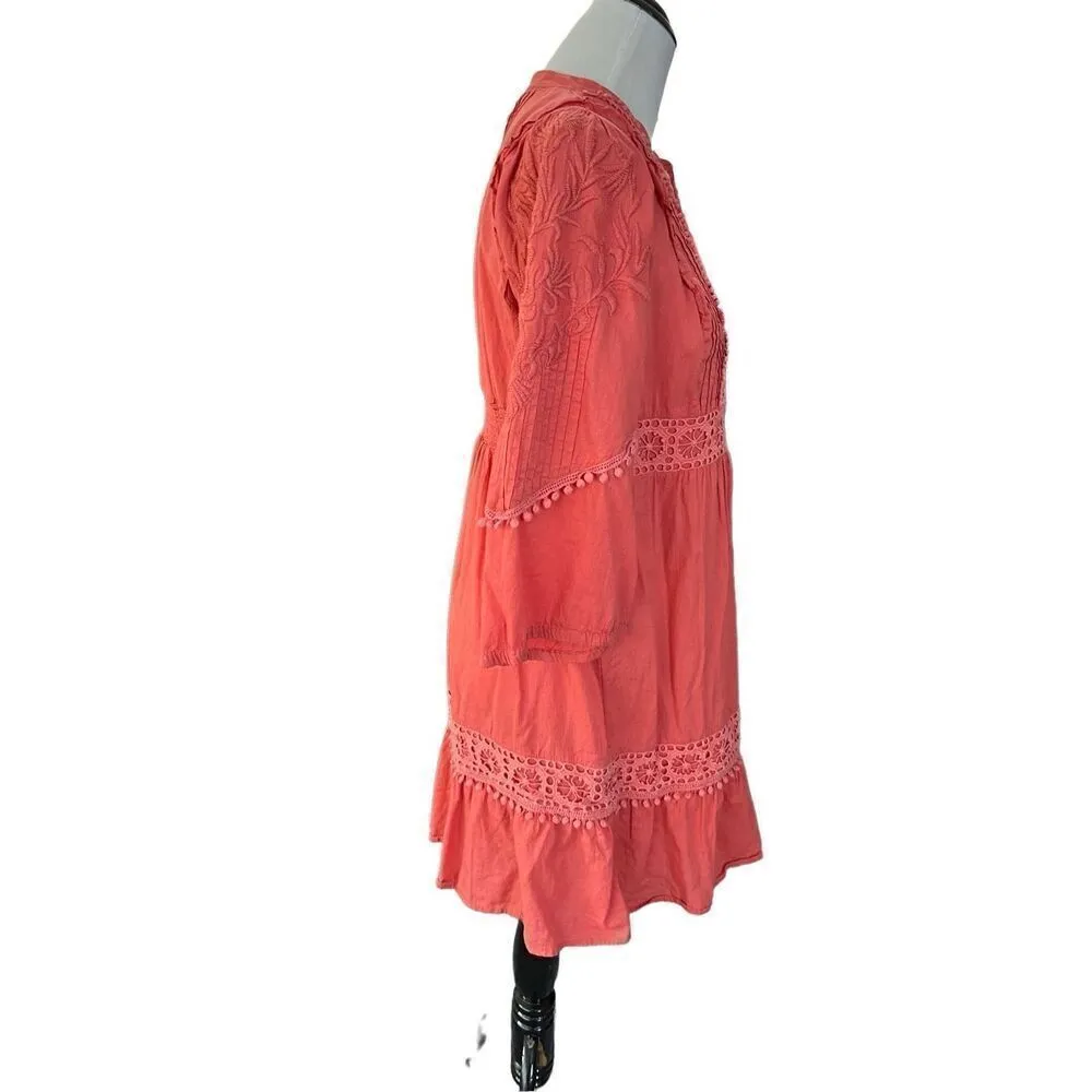 Anthropologie Akemi Kin Josephine Coral Floral Embroidered Lace Trim Dress Sz M - Image 4