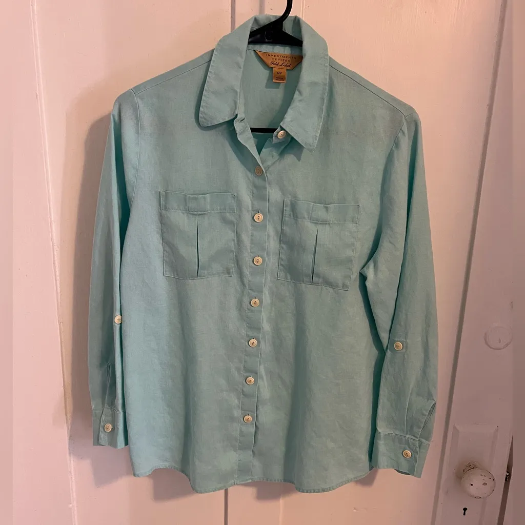 Investments Gold Label Light Turquoise Hemp Button Up Shirt 12 Petite Tab Sleeve Blue Size 12P - Image 2