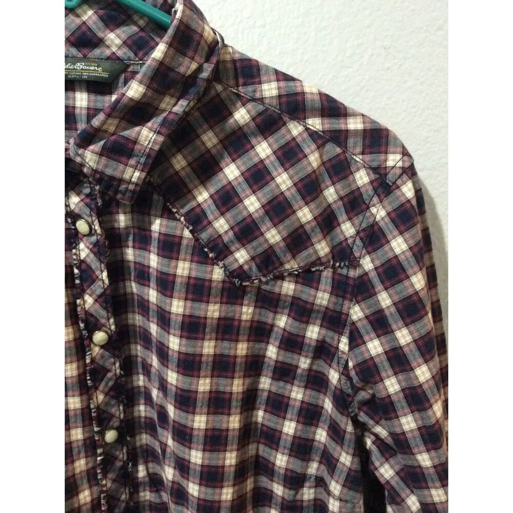 Eddie Bauer Western Pearl Snap Plaid Shirt Plaid Women’s XL cotton - Image 4