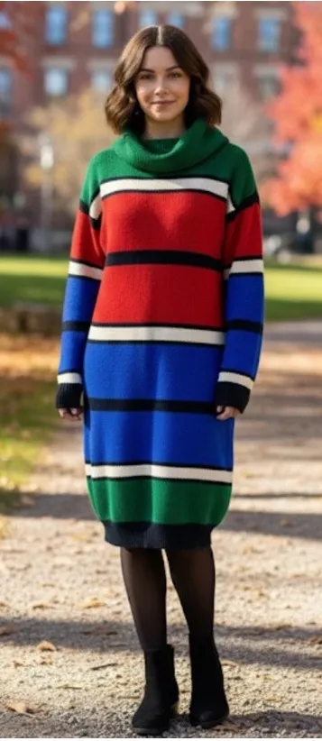 Gitano Vintage 1980s Colorblock Cowl Neck Knit Sweater Dress Medium Retro Red - Image 2