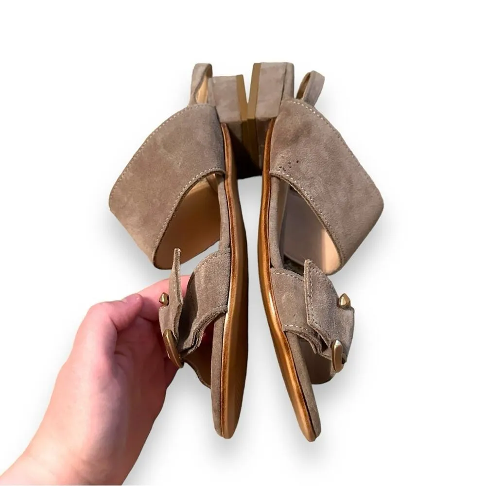 Les Italiennes Taupe Suede Double Strap Buckle Slingback Flat‎ Sandals Sz 39 Gray - Image 3