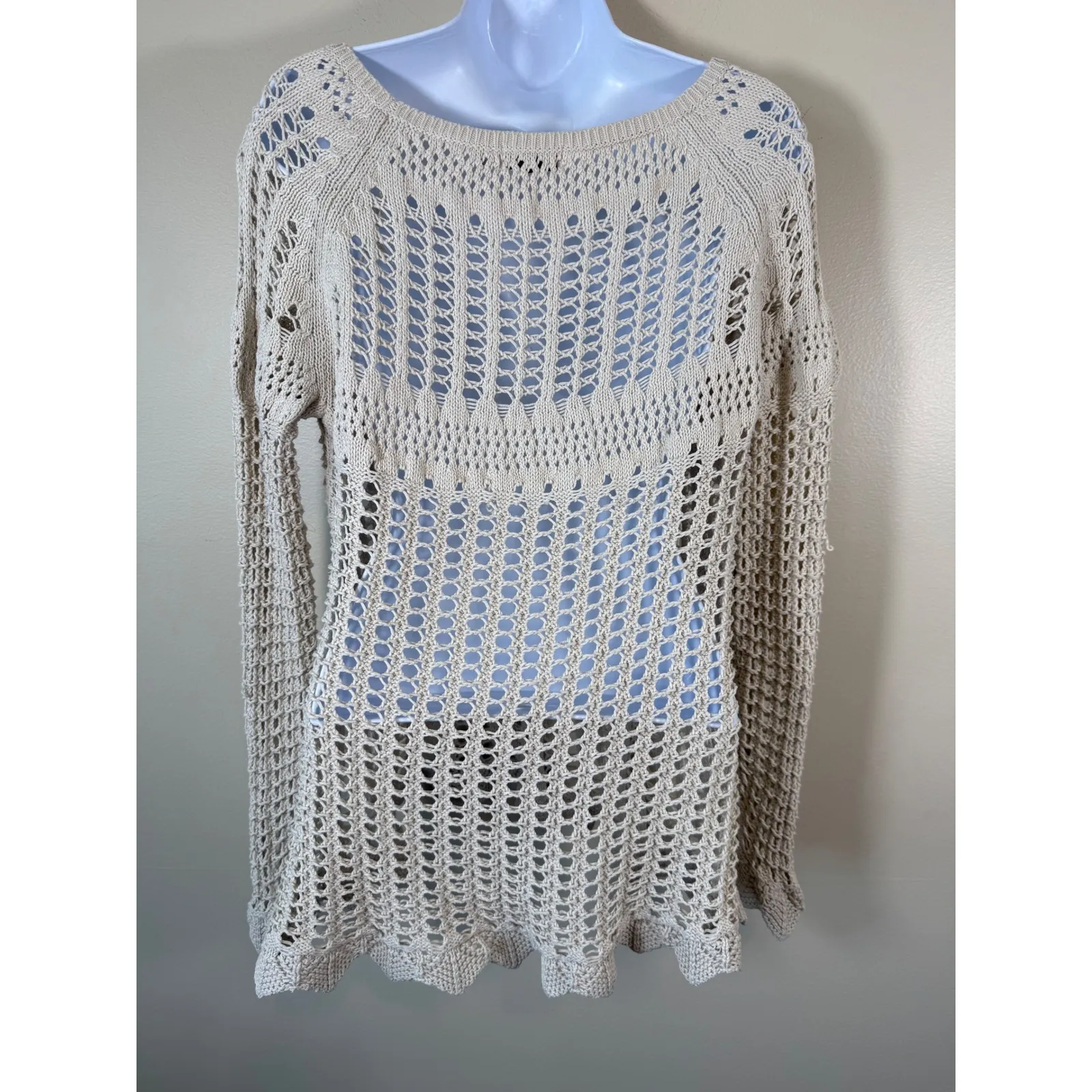 Retro Threads 100% Cotton Open Knit Crochet Sweater Beige Boho Beachy Size M Tan Size M - Image 5