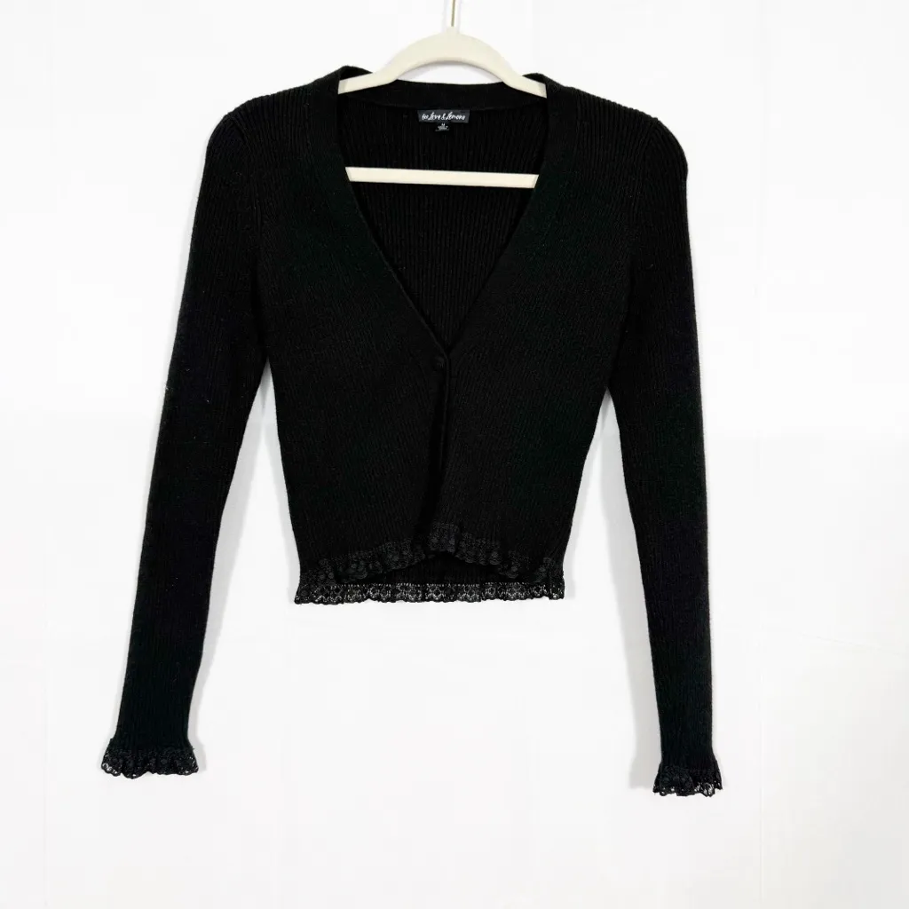 For Love & Lemons X Victoria’s Secret Nina Cardigan Ribbed Lace Trim Black Crop - Image 3