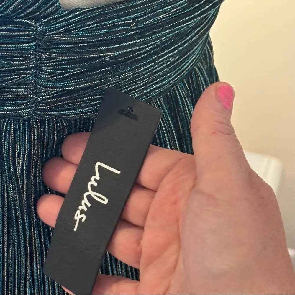 Lulus Ailey Gold and Teal Blue Skater Dress size xs Green - Image 12