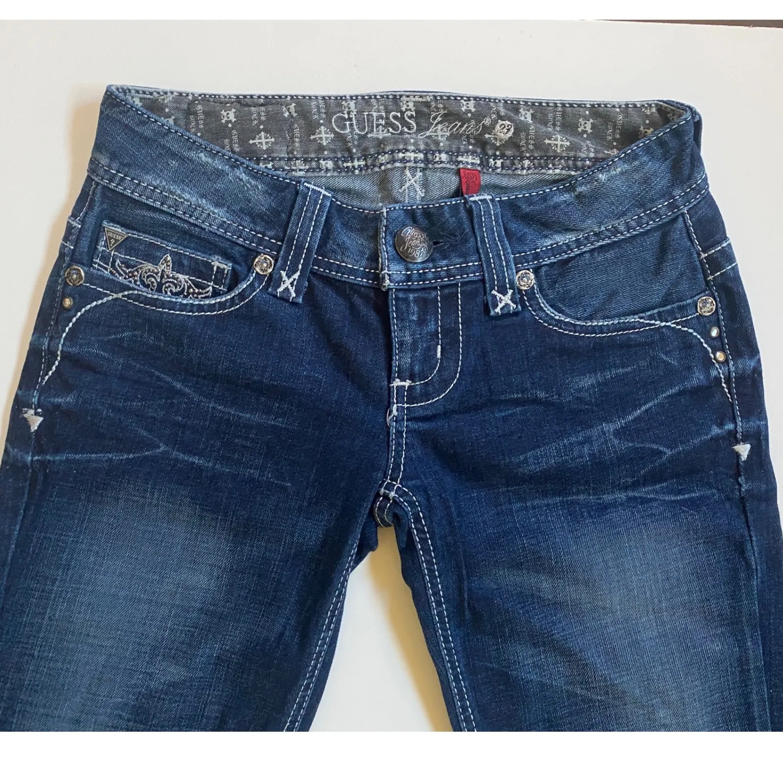 Guess Jeans Daredevil Skinny Jeans VTG. Embellished Bling Embroidered 23X29 Rare - Image 14