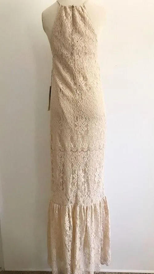 Lace Halter Mermaid Formal Prom Wedding Gown Dress Tan - Image 5