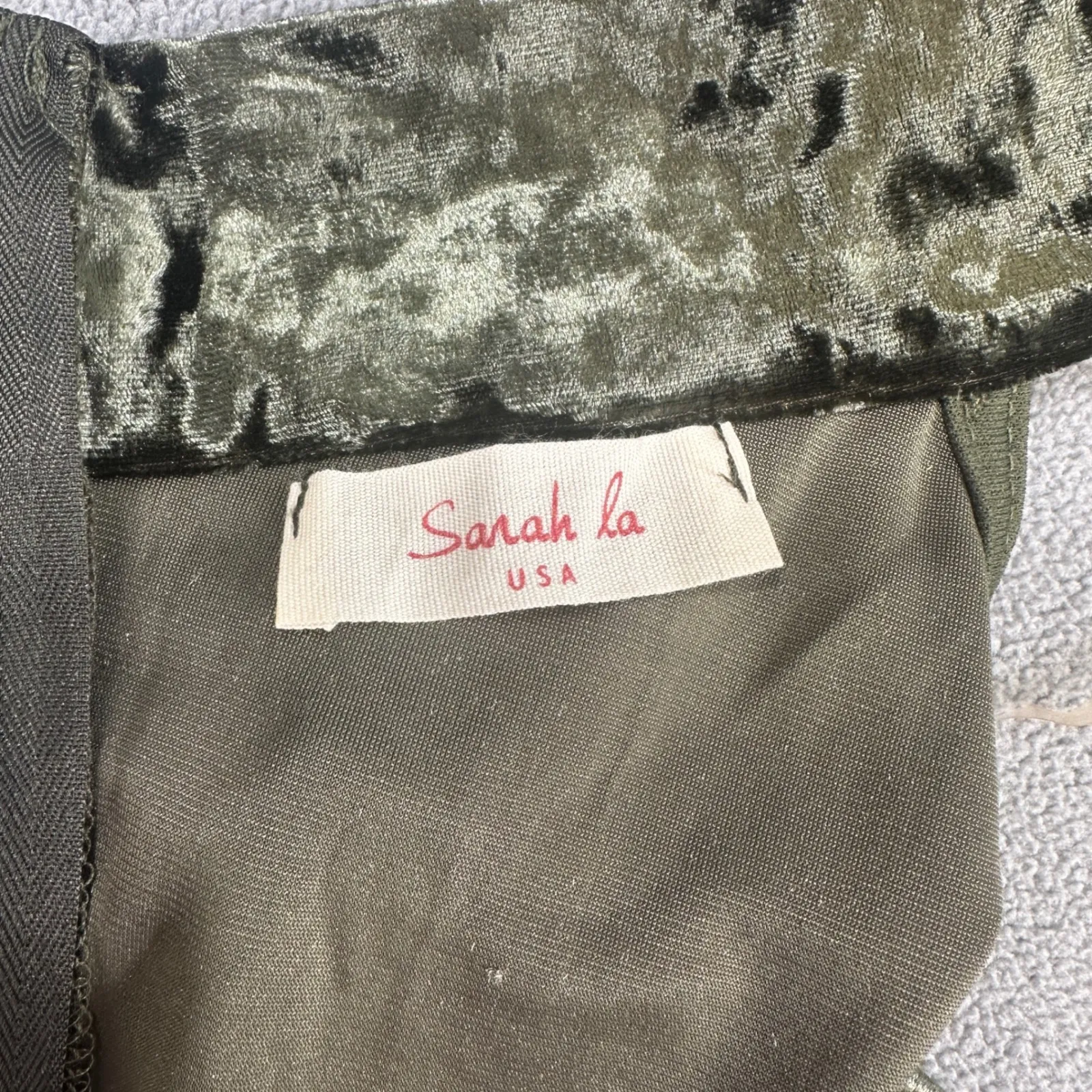 NWOT Sarah La Mini Dress M Olive Green Velvet Halter Cutout MADE IN USA Party Size M - Image 3