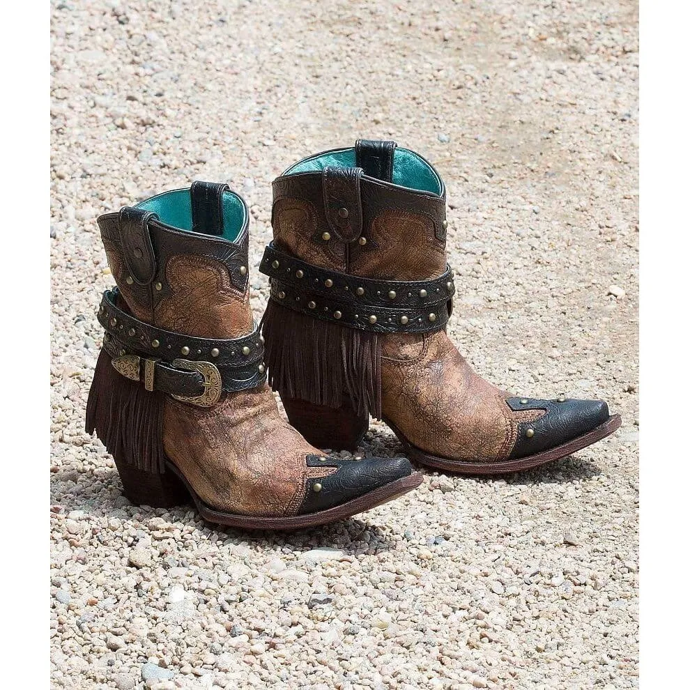 Corral Metallic Cognac Strap Fringe, Studs, Buckle Cowboy Boot C2880 8 Western - Image 13