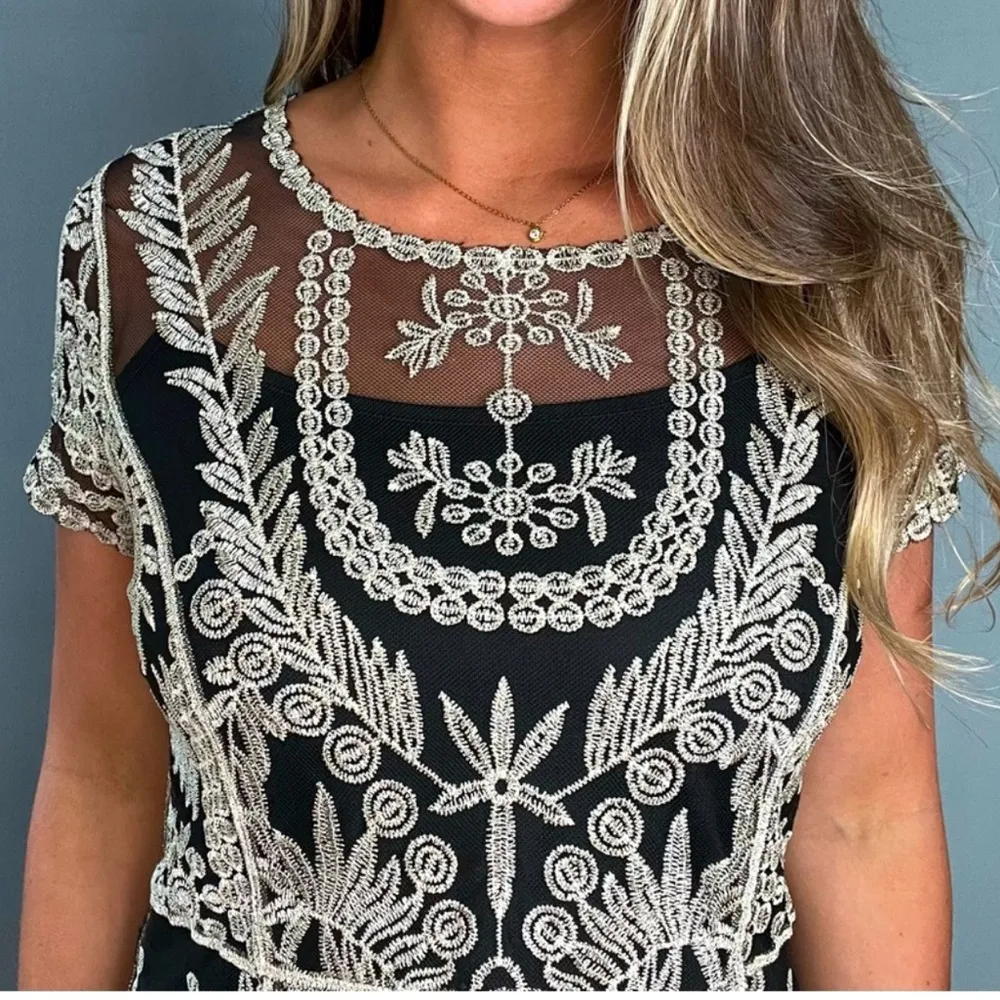 Cato Black Sheer Metallic Gold Lace Overlay with Black Spag Strap Lining Dress M - Image 10