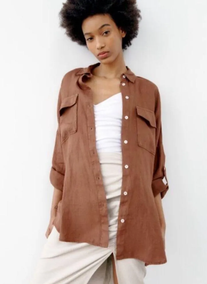 ZARA NWOT  Oversized Linen Shirt in Terracotta Size S - Image 4