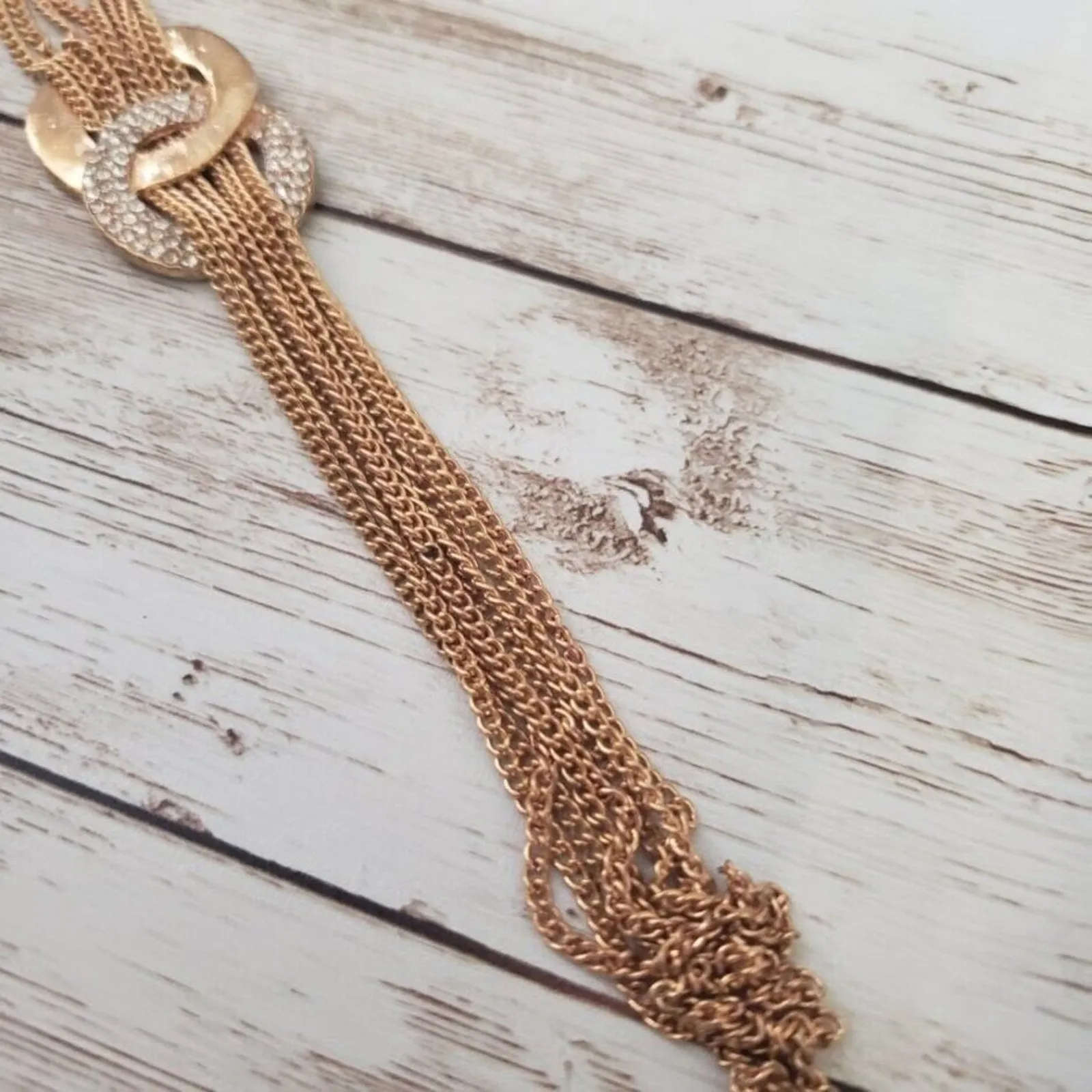 Vintage Necklace Warm Gold Tone Threaded Double Circle Style Statement - Image 5