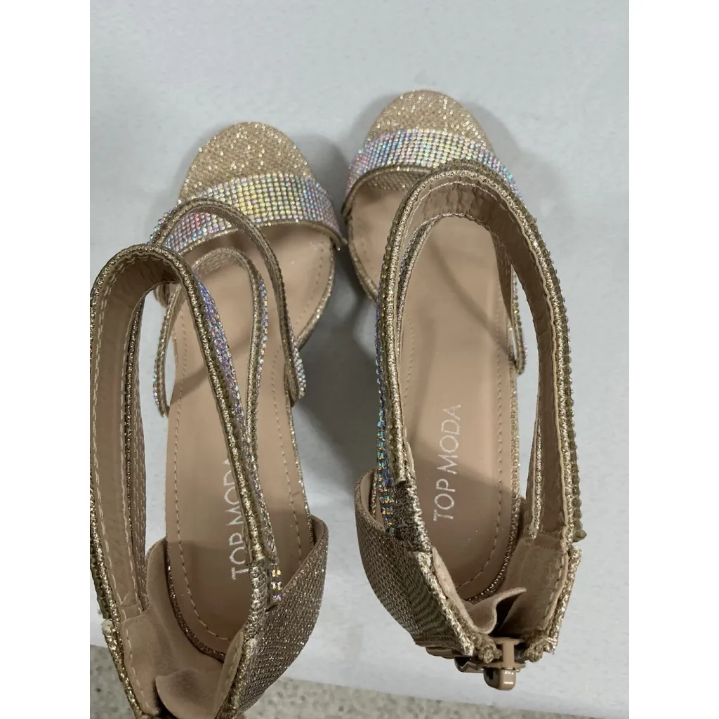 Woman’s NWOT Top Moda Strappy Slip On Platform Sandals 6.5 Rose Gold Rhinestones - Image 6