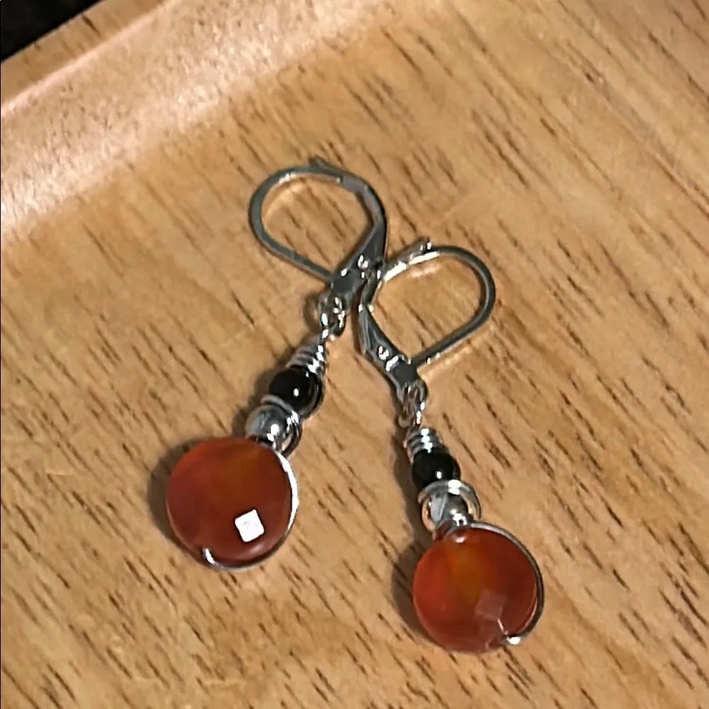 Handmade Carnelian + Onyx + Hematite Dangle Earrings - Image 2