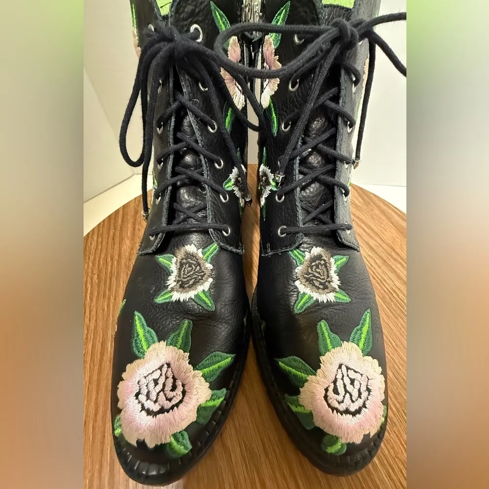 Rebecca Minkoff Gerry Floral Embroidered Black Leather Combat Boots - 9M - Image 7