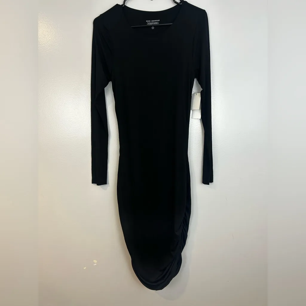 NWT Good American Black Long Sleeve Ruched Bodycon Midi Dress Size Medium - Image 2