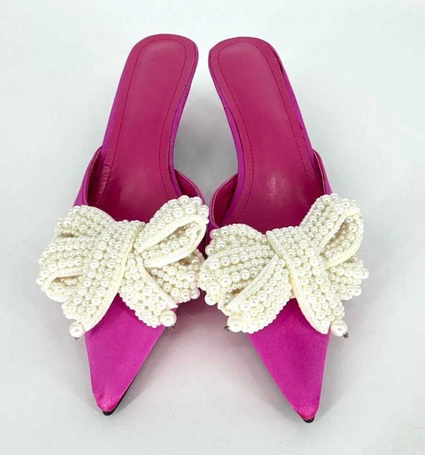 Bright Pink Satin Kitten Heel Mules with Pearl Bow Size 39 - Image 2