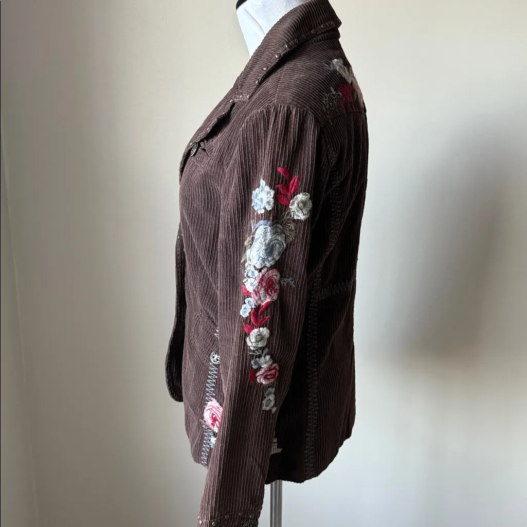 Calix Floral Embroidered Corduroy Jacket Brown Size L - Image 4