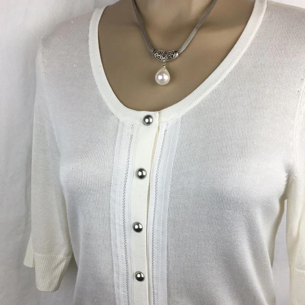 Ivory Knit Button Front Short Sleeve Sweater Top White House Black Market S - Image 2