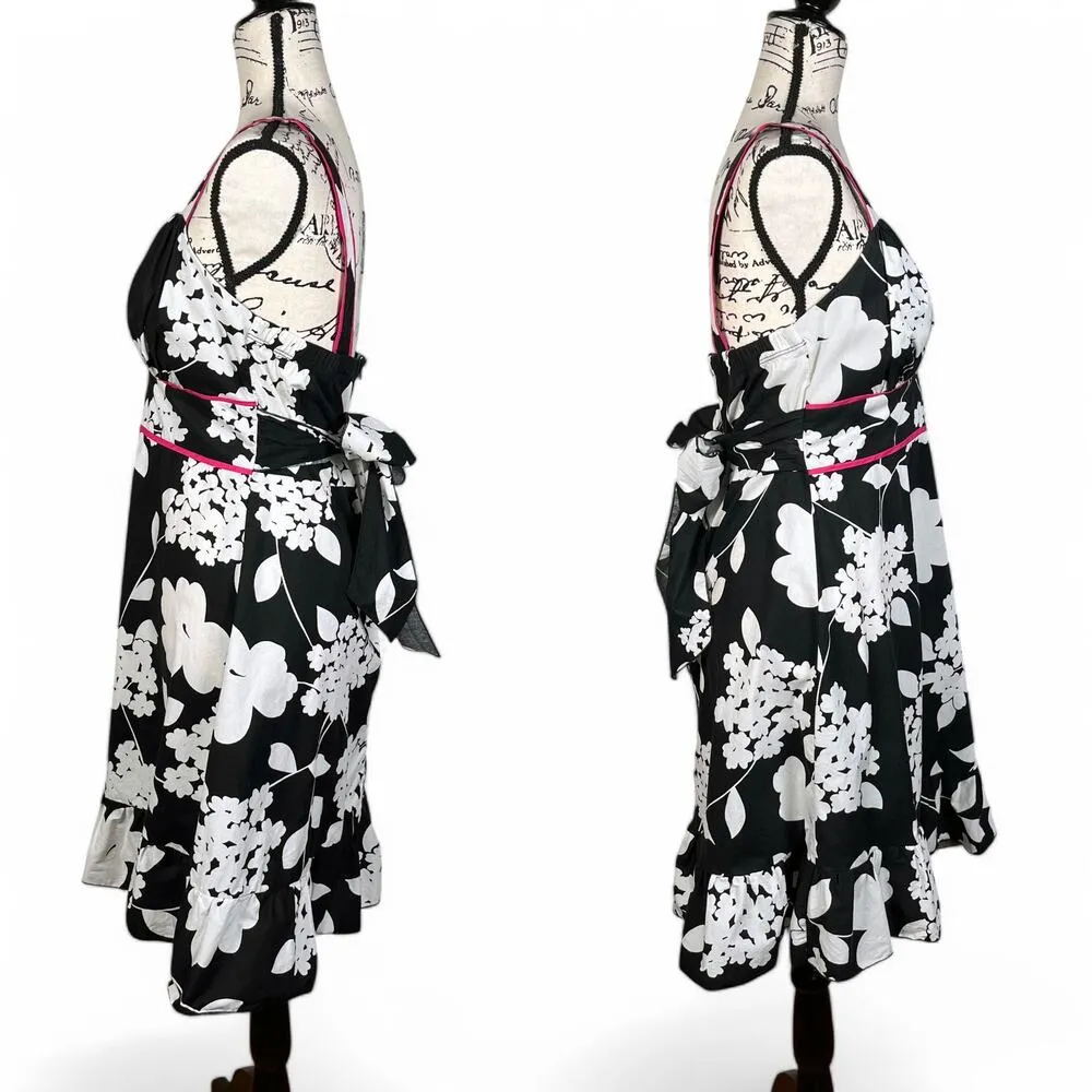 Floral Print Dress Sun Dress with Ruffle Hem Black and White Pink Trim Size 13 - Image 3